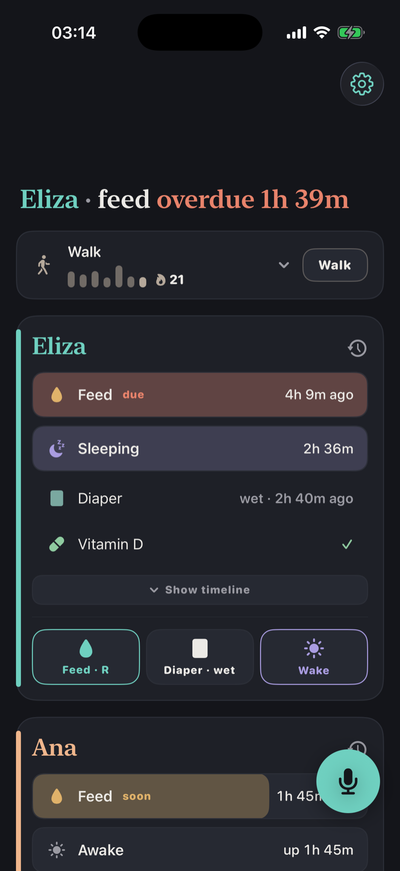 Mumble's glance screen: one card per twin showing time since last feed, last nap, last diaper, and which side is next