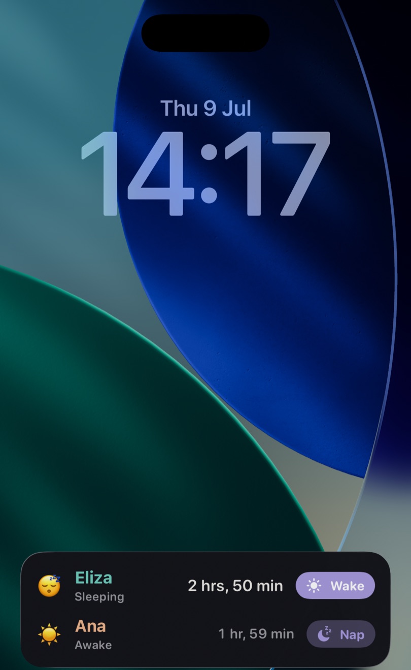 Mumble's lock screen Live Activity showing both twins' sleep status
